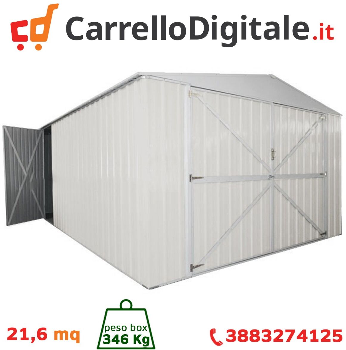 Box in Acciaio Zincato Casetta da Giardino in Lamiera Box Auto 3.60 x 6.00 m x h2.32 m - 346 KG - 21,6 metri quadri - BIANCO