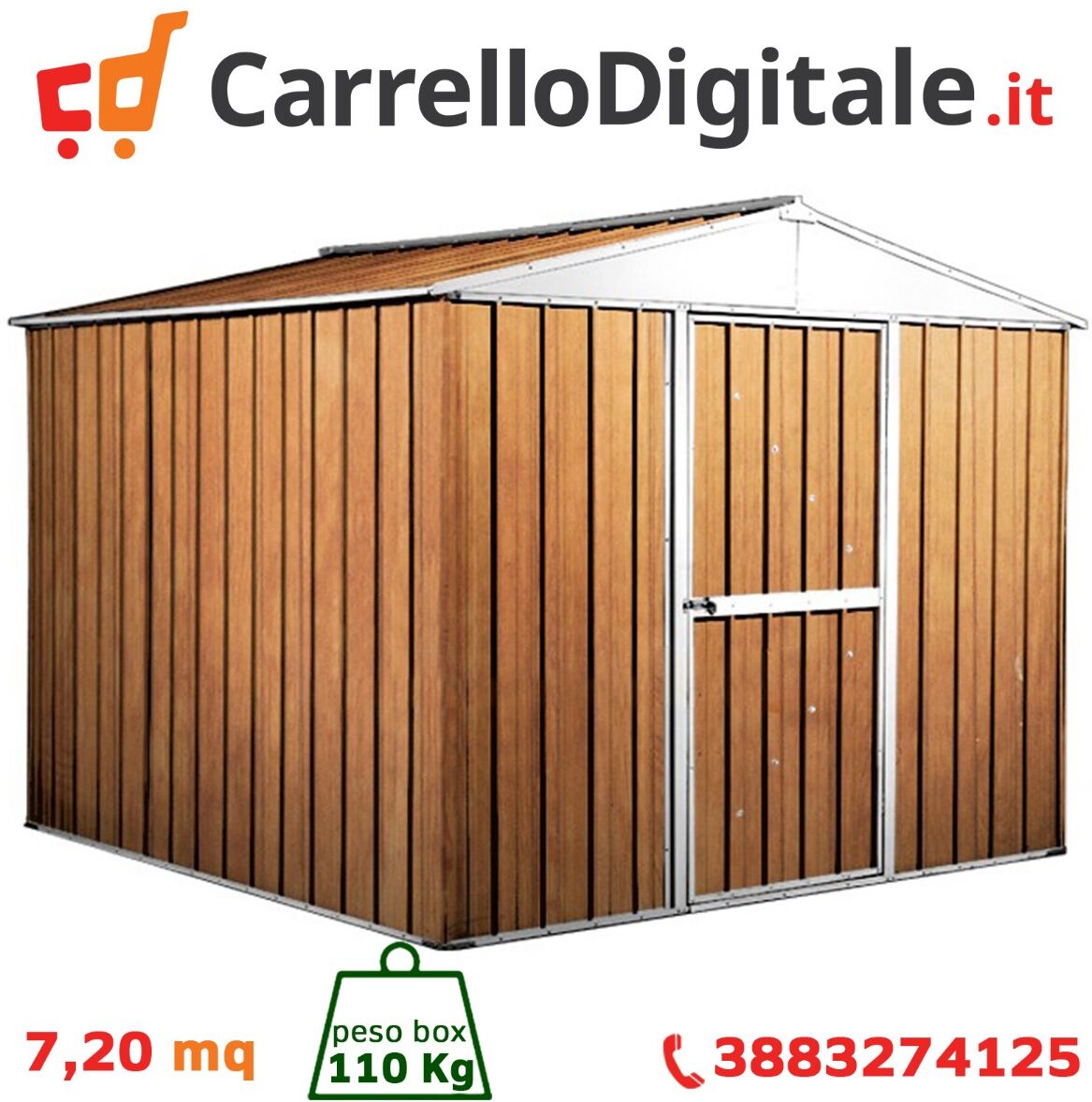 Box in Acciaio Zincato Casetta da Giardino in Lamiera 2.76 x 2.60 m x h2.12 m - 110 KG – 7,2 metri quadri - LEGNO