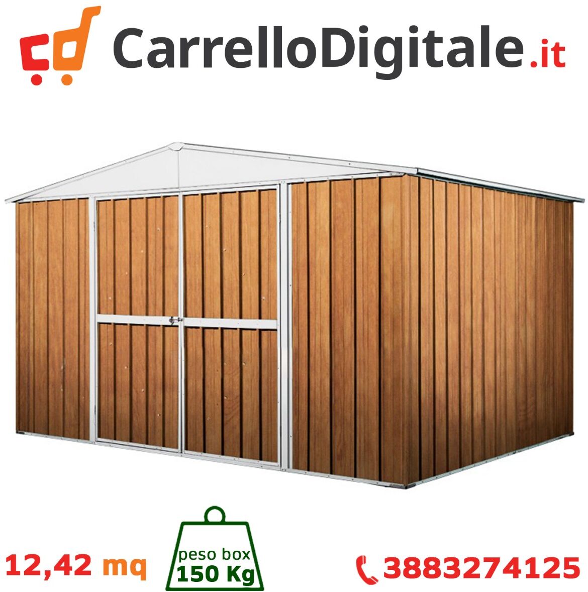 Box in Acciaio Zincato Casetta da Giardino in Lamiera 3.60 x 3.45 m x h2.12 m - 150 KG – 12,42 metri quadri - LEGNO