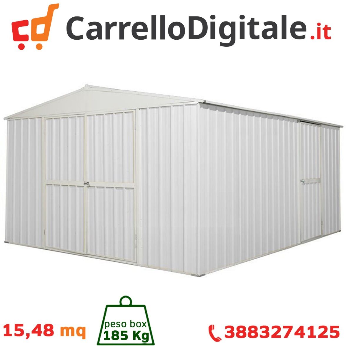 Box in Acciaio Zincato Casetta da Giardino in Lamiera 3.60 x 4.30 m x h2.10 m - 185 KG - 15,48 metri quadri - BIANCO