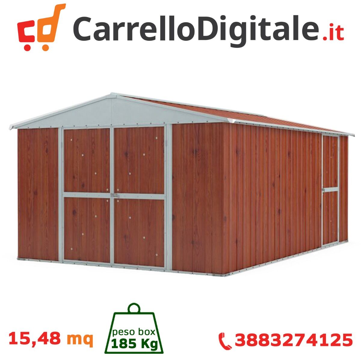 Box in Acciaio Zincato Casetta da Giardino in Lamiera 3.60 x 4.30 m x h2.10 m - 185 KG - 15.48 metri quadri - LEGNO