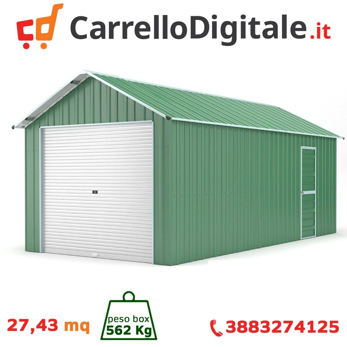 Box in Acciaio Zincato Casetta da Giardino in Lamiera Box Auto 3.60 x 7.62 m x h 3.15 m - 562 KG - 27.43 metri quadri - VERDE