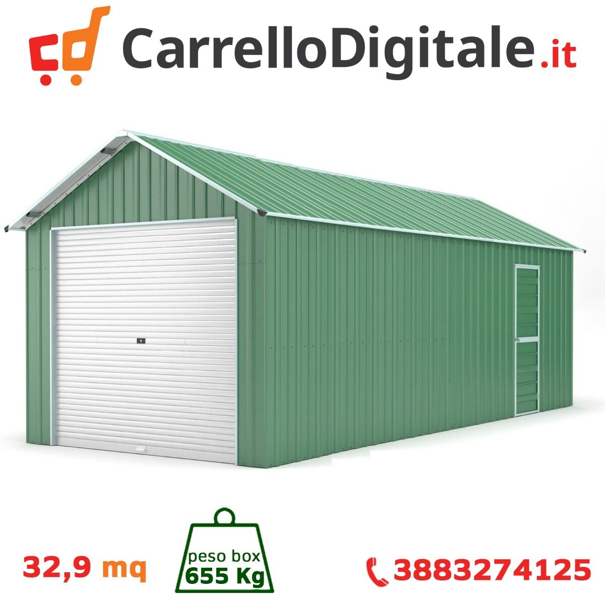 Box in Acciaio Zincato Casetta da Giardino in Lamiera Box Auto 3.60 x 9.14 m x h 3.15 m - 655 KG - 32.9 metri quadri - VERDE