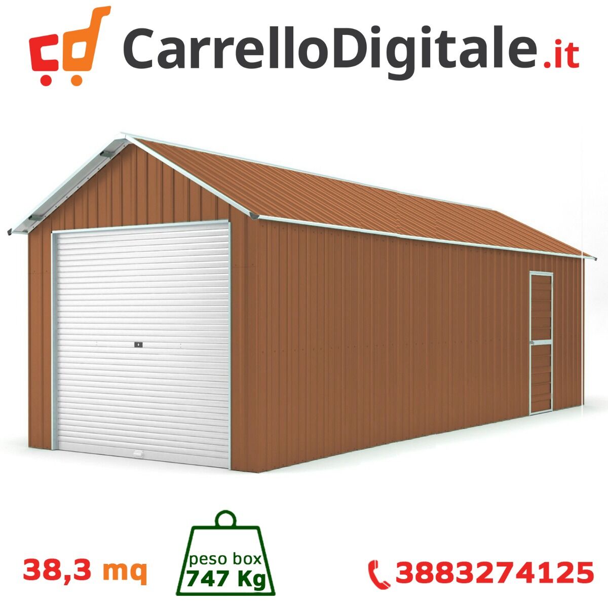 Box in Acciaio Zincato Casetta da Giardino in Lamiera Box Auto 3.60 x 10.66 m x h 3.15 m - 747 KG - 38.37 metri quadri - LEGNO