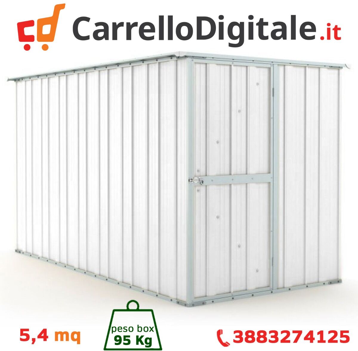 Box in Acciaio Zincato Casetta da Giardino in Lamiera 1.75 x 3.07 m x h1.82 m - 95 KG - 5,4 metri quadri - BIANCO