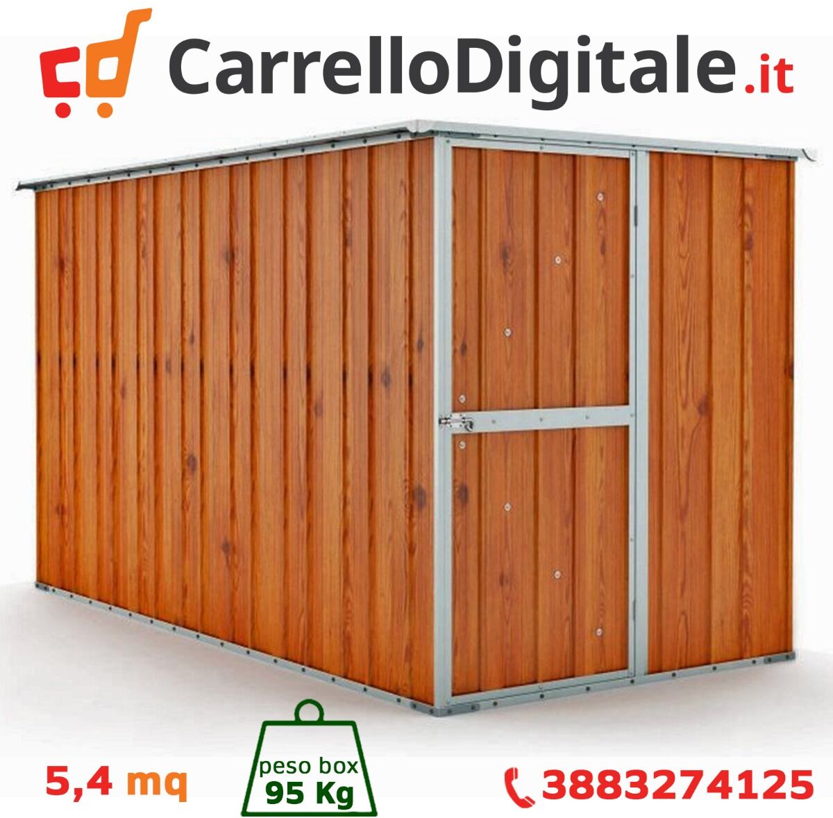 Box in Acciaio Zincato Casetta da Giardino in Lamiera 1.75 x 3.07 m x h1.82 m - 95 KG - 5,4 metri quadri - LEGNO