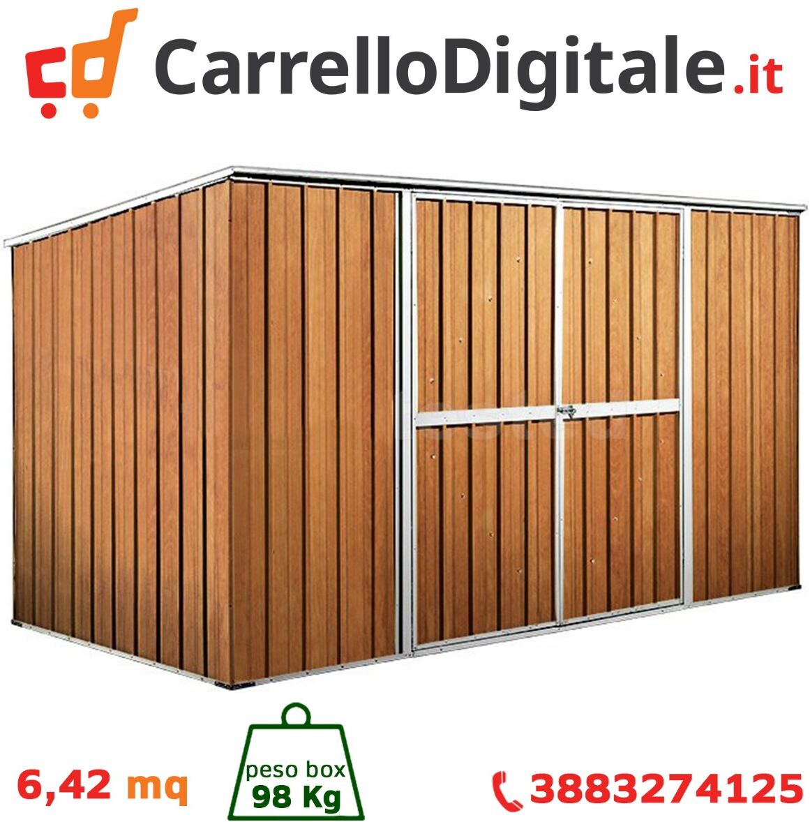 Box in Acciaio Zincato Casetta da Giardino in Lamiera 3.45 x 1.86 m x h1.92 m - 98 KG – 6,42 metri quadri - LEGNO