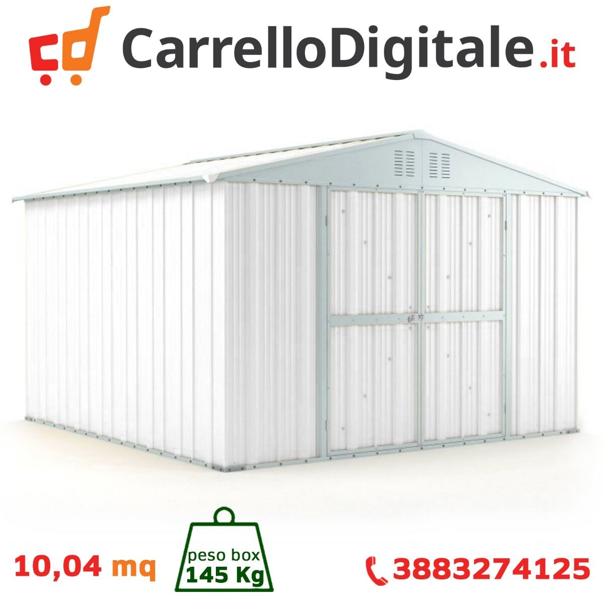 Box in Acciaio Zincato Casetta da Giardino in Lamiera 3.27 x 3.07 m x h2.15 m - 145 KG – 10,04 metri quadri - BIANCO