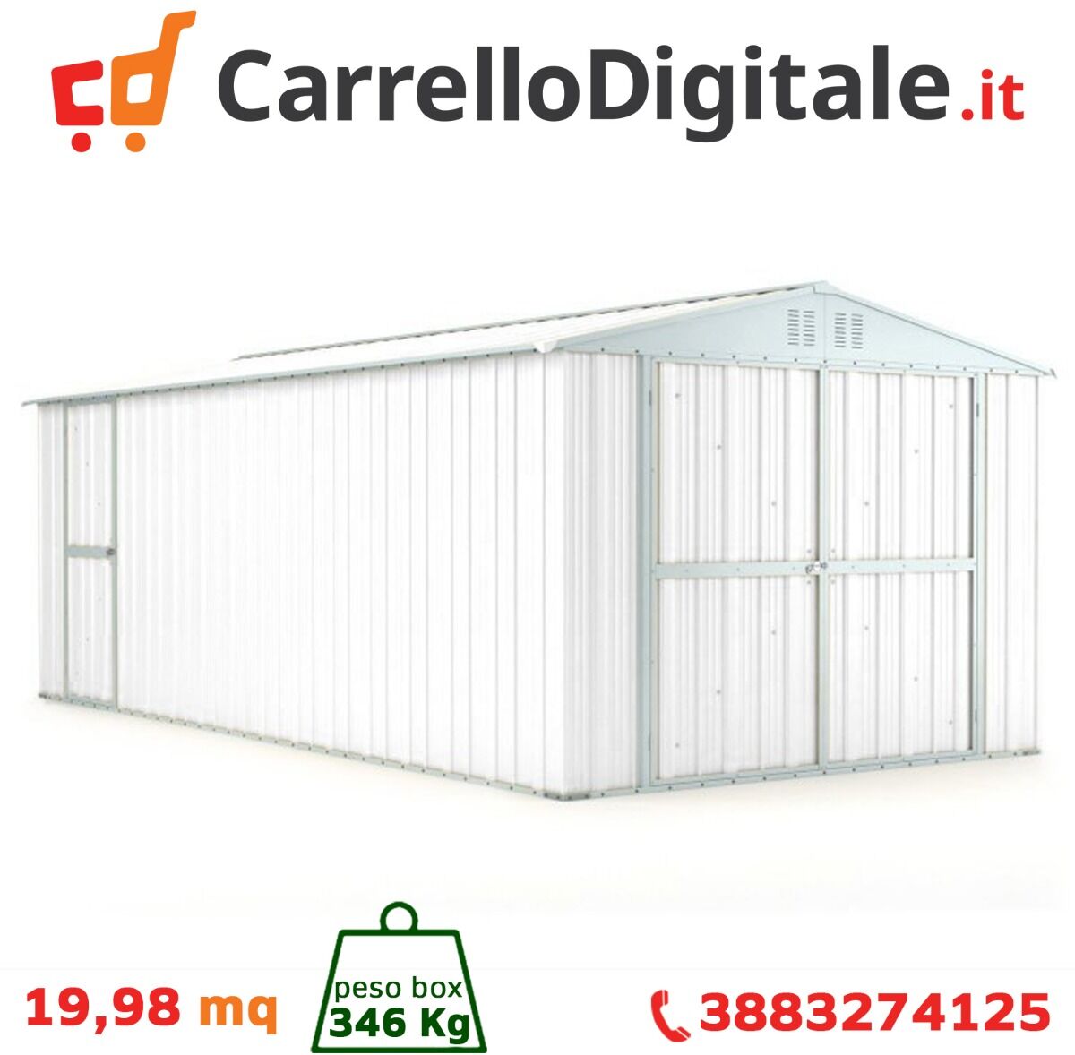 Box in Acciaio Zincato Casetta da Giardino in Lamiera Box Auto 3.27 x 6.11 m x h2.35 m - 346 KG – 19,98 metri quadri - BIANCO