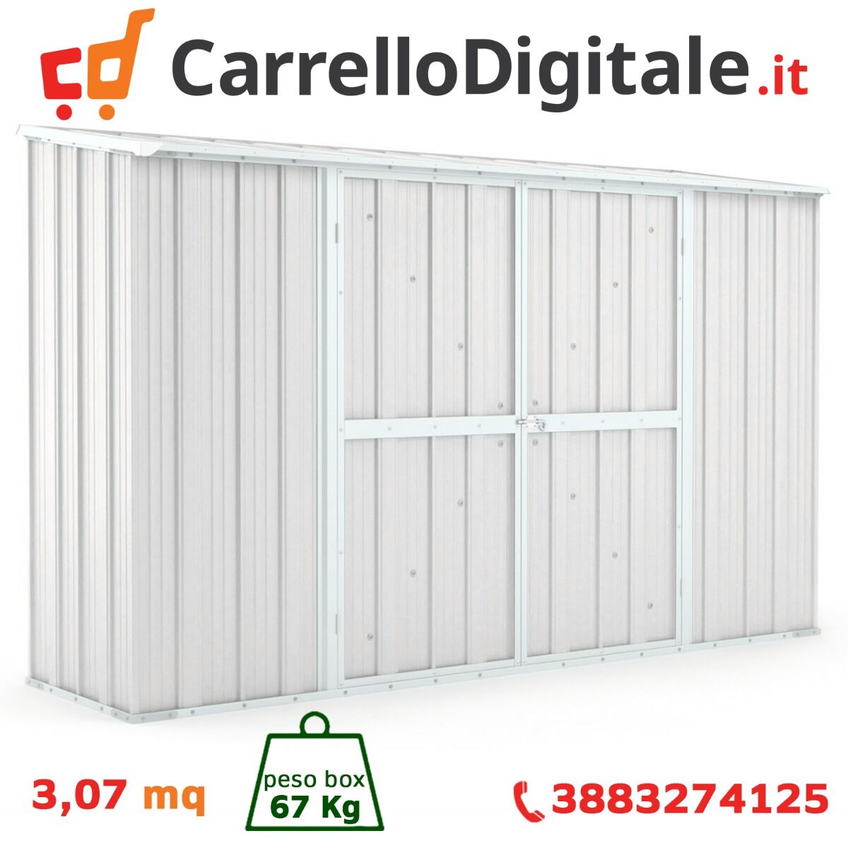 Box in Acciaio Zincato Casetta da Giardino in Lamiera 3.07 x 1.00 m x h1.92 m - 67 KG - 3.07 metri quadri - BIANCO