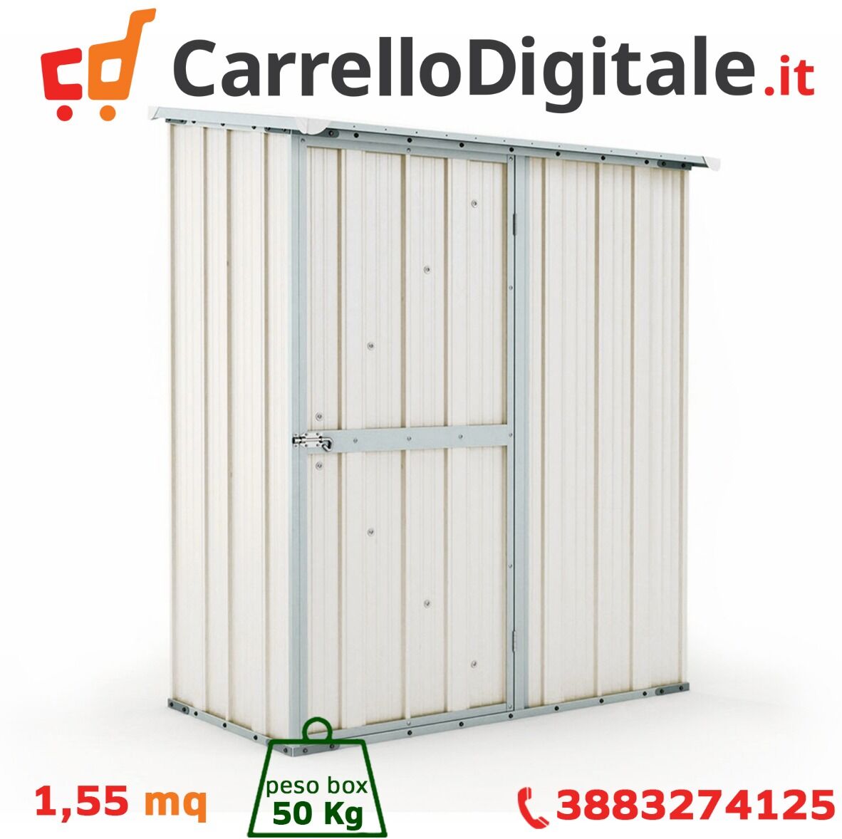 Box in Acciaio Zincato Casetta da Giardino in Lamiera 1.55 x 1.00 m x h1.92 m - 50 KG – 1,55 metri quadri – BIANCO