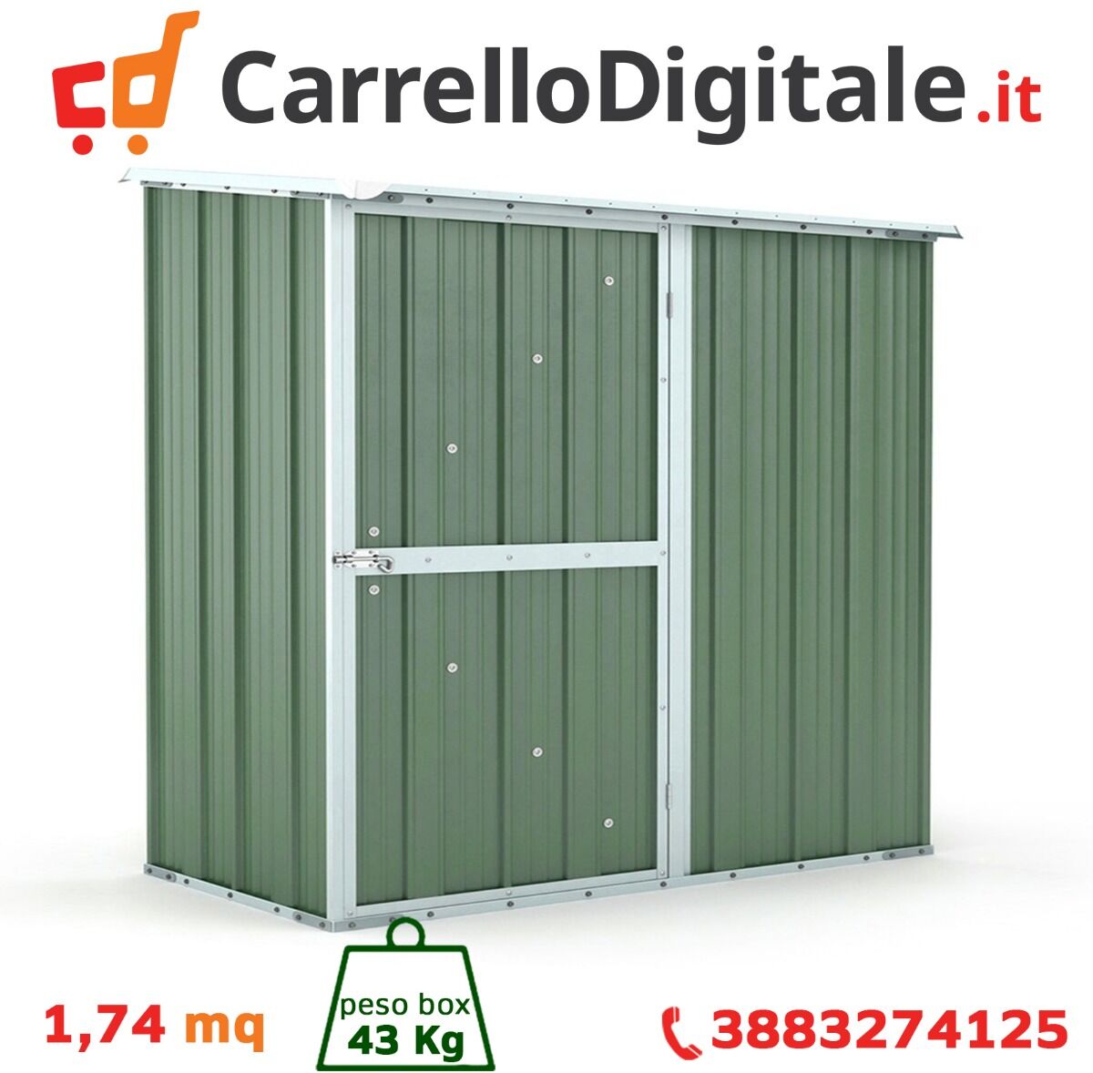 Box in Acciaio Zincato Casetta da Giardino in Lamiera 1.74 x 1.00 m x h1.82 m - 43 KG – 1.74 metri quadri - VERDE