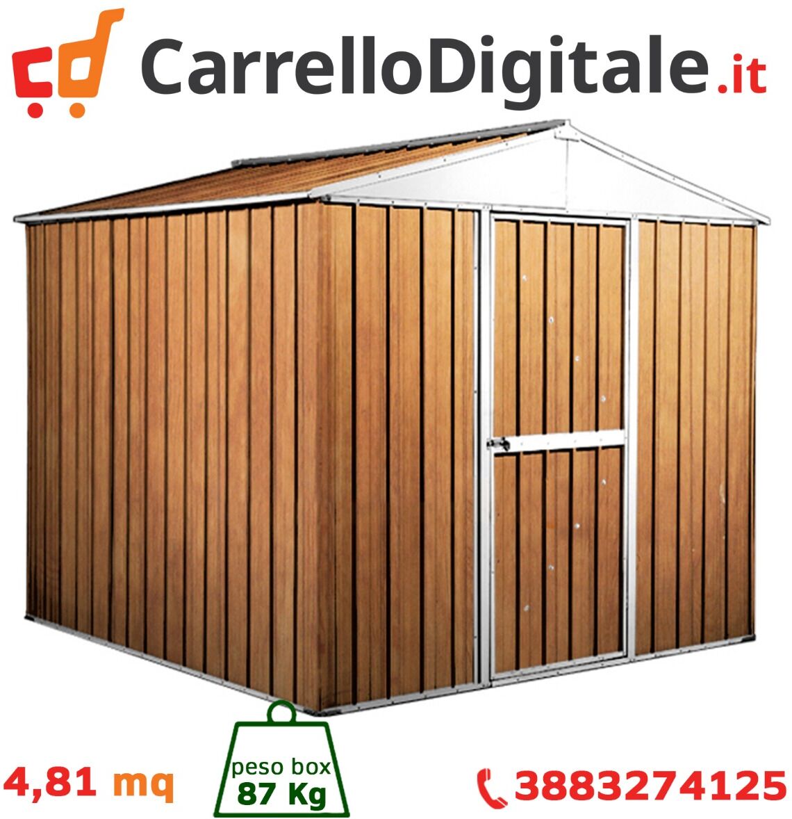 Box in Acciaio Zincato Casetta da Giardino in Lamiera 2.75 x 1.75 m x h2.12 m - 87 KG – 4.81 metri quadri - LEGNO