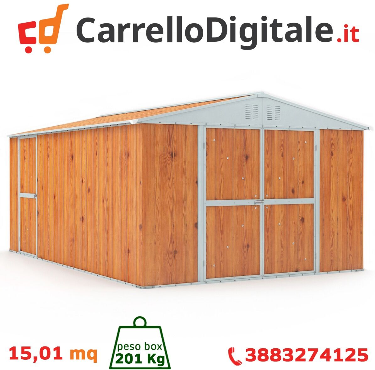 Box in Acciaio Zincato Casetta da Giardino in Lamiera 3.27 x 4.59 m x h2.15 m - 201 KG – 15,01 metri quadri – LEGNO