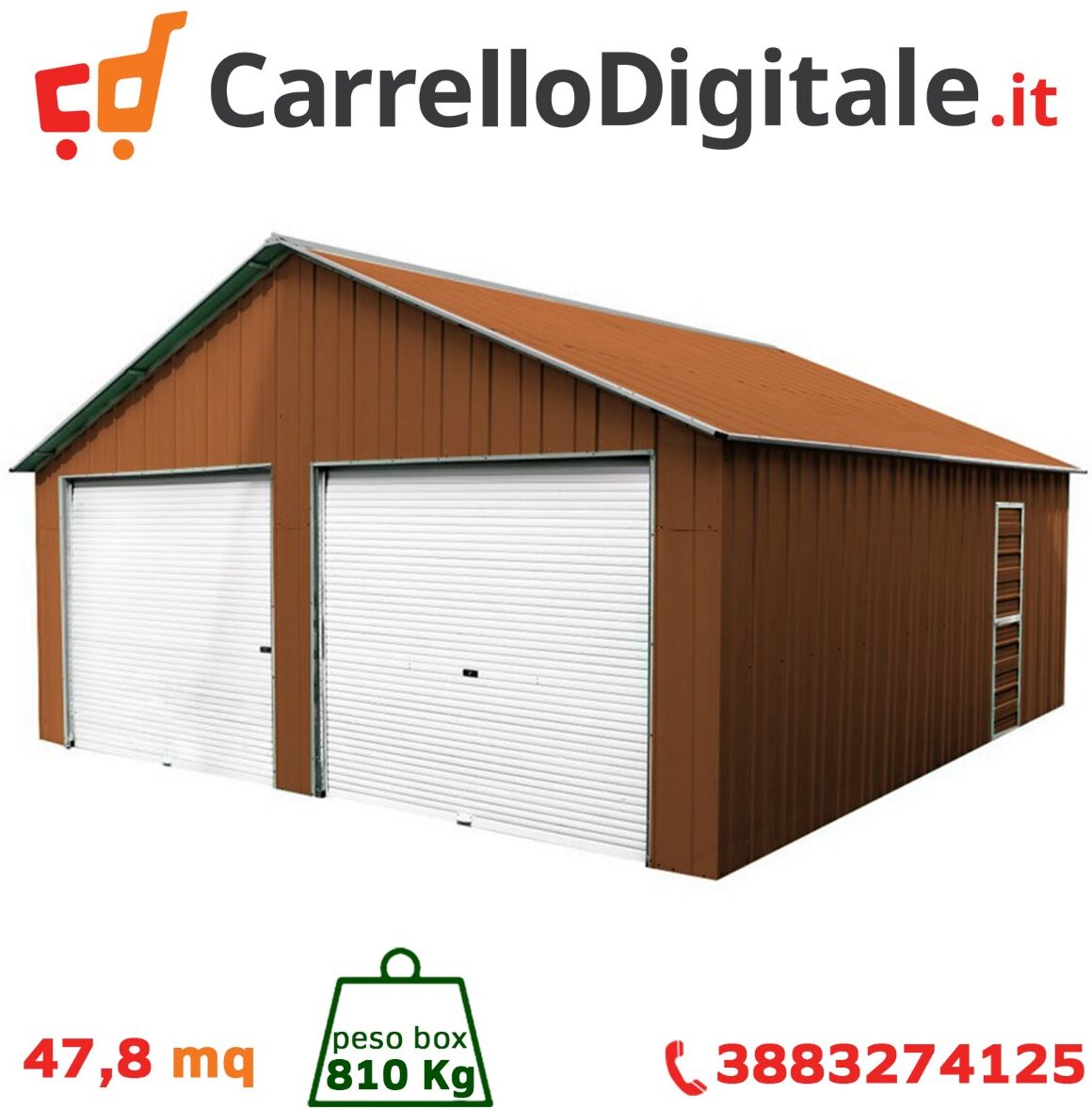 Box in Acciaio Zincato Casetta da Giardino in Lamiera Box Auto 6.64 x 7.21 m x h3.72 m - 810 KG – 48 metri quadri - LEGNO