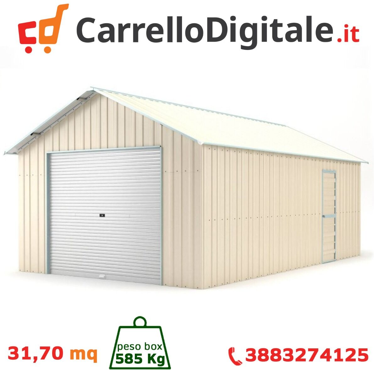 Box in Acciaio Zincato Casetta da Giardino in Lamiera Box Auto 4.38 x 7.24 m x h 3.31 m - 585 KG – 31.7 metri quadri - BEIGE