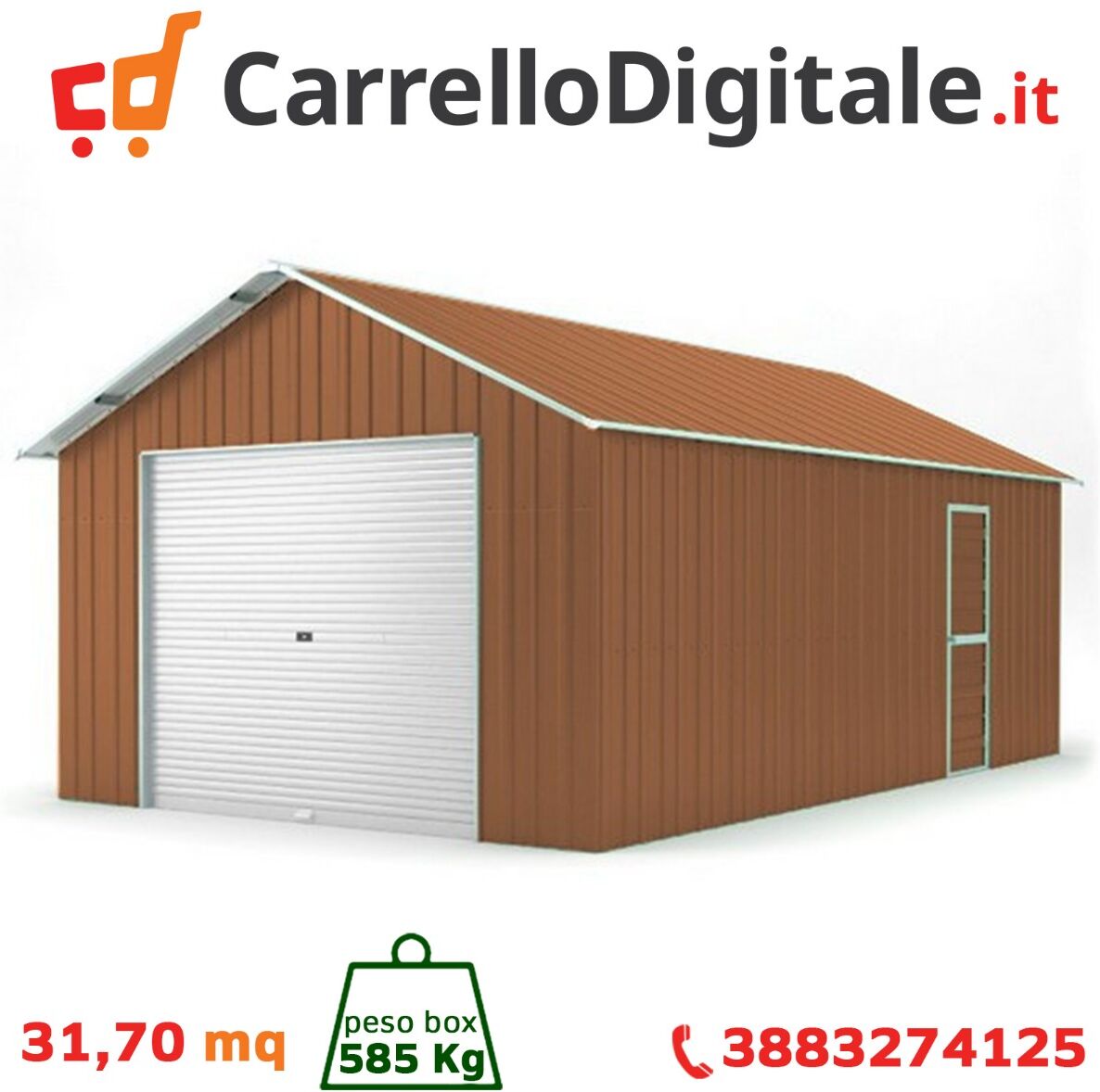 Box in Acciaio Zincato Casetta da Giardino in Lamiera Box Auto 4.38 x 7.24 m x h 3.31 m - 585 KG – 31,7 metri quadri - LEGNO