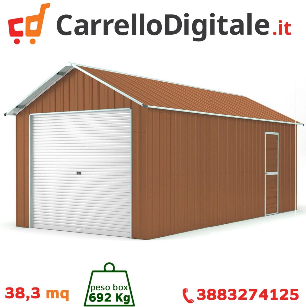 Box in Acciaio Zincato Casetta da Giardino in Lamiera Box Auto 4.38 x 8.76 m x h 3.31 m - 692 KG – 38.37 metri quadri - LEGNO