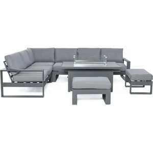 Maze Larnaca Grey Large Outdoor Aluminium Corner Dining Set With Fire Pit Table & Footstools