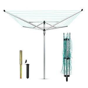 rightclick 50m Rotary Clothes Line Retractable 4 Arm Rotary Washing Line with Metal Ground Spike Umbrella Design Lightweight & Portable Rotary Clothes Airer For Garden Patio Lawn