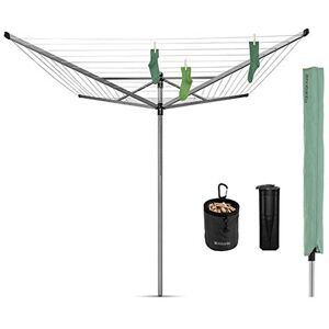 Brabantia 30m Essential Rotary Washing Line (Metallic Grey) Collapsible Umbrella System, 4 Arm Outdoor Clothes Dryer + 35mm Plastic Ground Tube, Peg Bag & Pegs