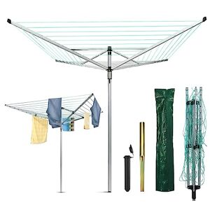 rightclick 60m Rotary Clothes Line Retractable 4 Arm Rotary Washing Line with Metal Ground Spike Free Cover Umbrella Design Lightweight & Portable Rotary Clothes Airer For Garden Patio Lawn