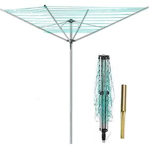 KHAPALWAK 60m Rotary Washing Line, Foldbale 4 Arm Heavy Duty Outdoor Umbrella Rotary Dryer With Metal Ground Spike & Wheatherproof Cover (Silver & Grey)