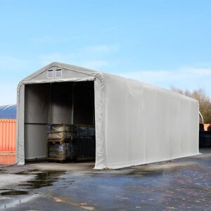 Toolport 4x16m 3.35m Sides Commercial Storage Shelter, 3.5x3.5m Drive Through, PVC 850, grey with statics package (soft ground anchors) - (49388)