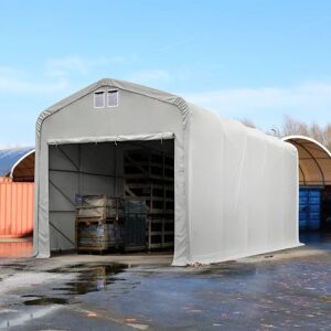 Toolport 5x10m 4m Sides Commercial Storage Shelter, 4.1x3.5m Drive Through, PRIMEtex 2300 fire resistant, grey with statics package (soft ground anchors) - (49411)