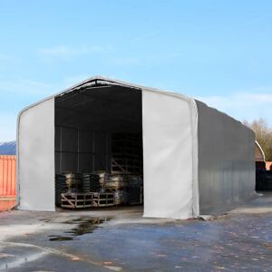 Toolport 8x12m 4m Sides Commercial Storage Shelter, 4x4.6m Drive Through, PVC 850, grey with statics package (concrete anchors) - (49470)