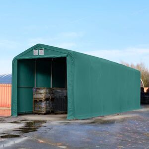 Toolport 4x16m 3.35m Sides Commercial Storage Shelter, 3.5x3.5m Drive Through, PVC 850, dark green with statics package (soft ground anchors) - (49650)