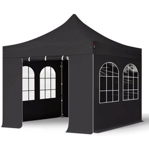 Toolport 3x3 m PVC 800 Pop Up Gazebo PREMIUM Steel 40 mm, incl. Sidewalls with Windows, fire resistant, black - (600107)