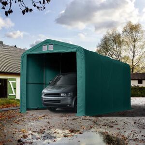 Toolport 4x8m 3.35m Sides Carport Tent / Portable Garage, 3.5x3.5m Drive Through, PVC 850, dark green with statics package (soft ground anchors) - (99522)