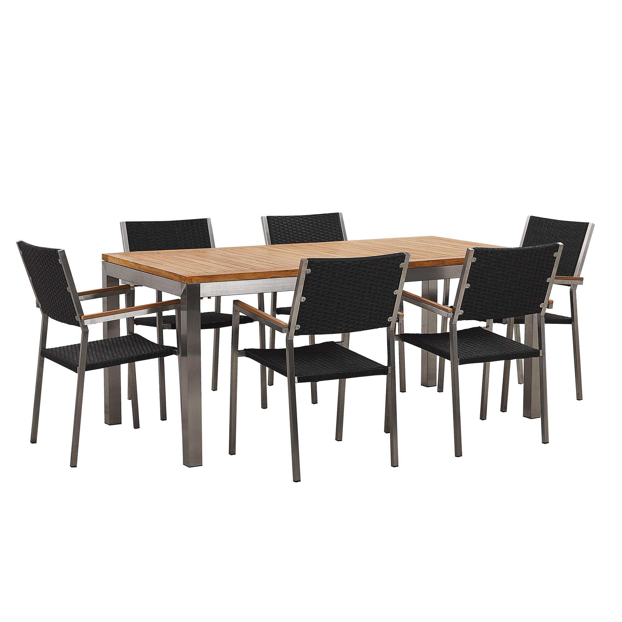 Beliani Garden Dining Set Light Teak Wood Top Steel Frame 180 x 90 cm with 6 Black Rattan Chairs