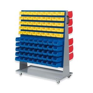 PROREGAL ProfiDrop Systemwagen auf Rollen mit blauen Systemplatten & 45x gelbe Box 1.0 und 45x blaue Box 2.0 und 36x rote Box 3.0   HxBxT 130x100x50cm