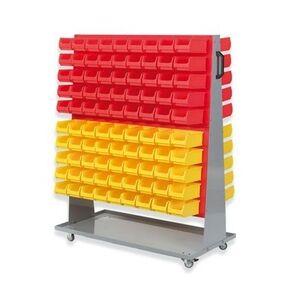 PROREGAL ProfiDrop Systemwagen auf Rollen mit roten Systemplatten & 180x rote und gelbe Sichtlagerbox 2.0   HxBxT 130x100x50cm