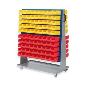 PROREGAL ProfiDrop Systemwagen auf Rollen mit blauen Systemplatten & 180x rote und gelbe Sichtlagerbox 2.0   HxBxT 130x100x50cm