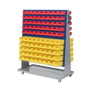 PROREGAL ProfiDrop Systemwagen auf Rollen mit blauen Systemplatten & 90x rote Sichtlagerbox 1.0 und 90x gelbe Sichtlagerbox 2.0   HxBxT 130x100x50cm