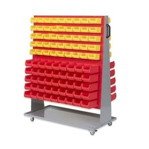 PROREGAL ProfiDrop Systemwagen auf Rollen mit roten Systemplatten & 90x gelbe Sichtlagerbox 1.0 und 90x rote Sichtlagerbox 2.0   HxBxT 130x100x50cm