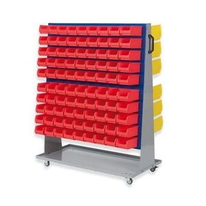 PROREGAL ProfiDrop Systemwagen auf Rollen mit blauen Systemplatten & 90x rote Sichtlagerbox 2.0 und 36x gelbe Sichtlagerbox 3.0   HxBxT 130x100x50cm