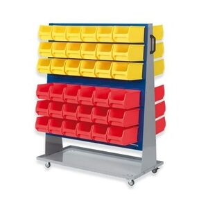 PROREGAL ProfiDrop Systemwagen auf Rollen mit blauen Systemplatten & 72x rote und gelbe Sichtlagerbox 3.0   HxBxT 130x100x50cm