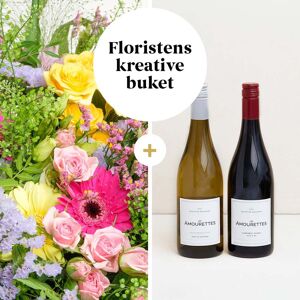 Interflora Floristens kreative buket med 2 fl. vin