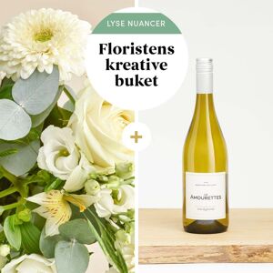 Interflora Floristens kreative buket i lyse nuancer med hvidvin