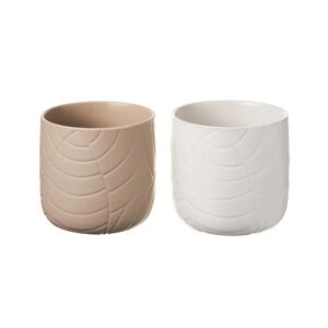 LOLAhome Set de 2 maceteros grabados de stoneware blanco y beige de Ø 13x12 cm