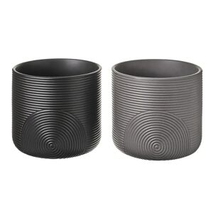 LOLAhome Set de 2 maceteros con anillas de stoneware negro y gris de Ø 16x15 cm