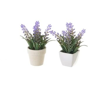 LOLAhome Set de 2 plantas artificiales Lavanda con macetas de pasta de papel blanca y beige de 12x9x13 cm