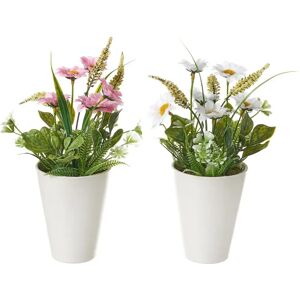 LOLAhome Set de 2 plantas artificiales margaritas de tela con vaso blanco de Ø 12x24 cm