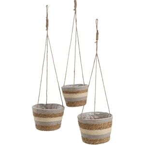 LOLAhome Set de 3 maceteros acordonados para colgar de fibra natural y arpillera gris y beige