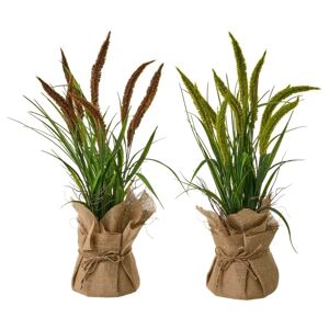 LOLAhome Set de 2 plantas artificiales de junco verdes con maceta de tela de arpillera de Ø 26x55 cm