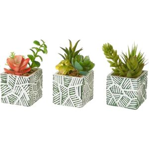 LOLAhome Set de 3 plantas artificiales con maceta tallada de cementoblanca y verde de 7x7x12 cm